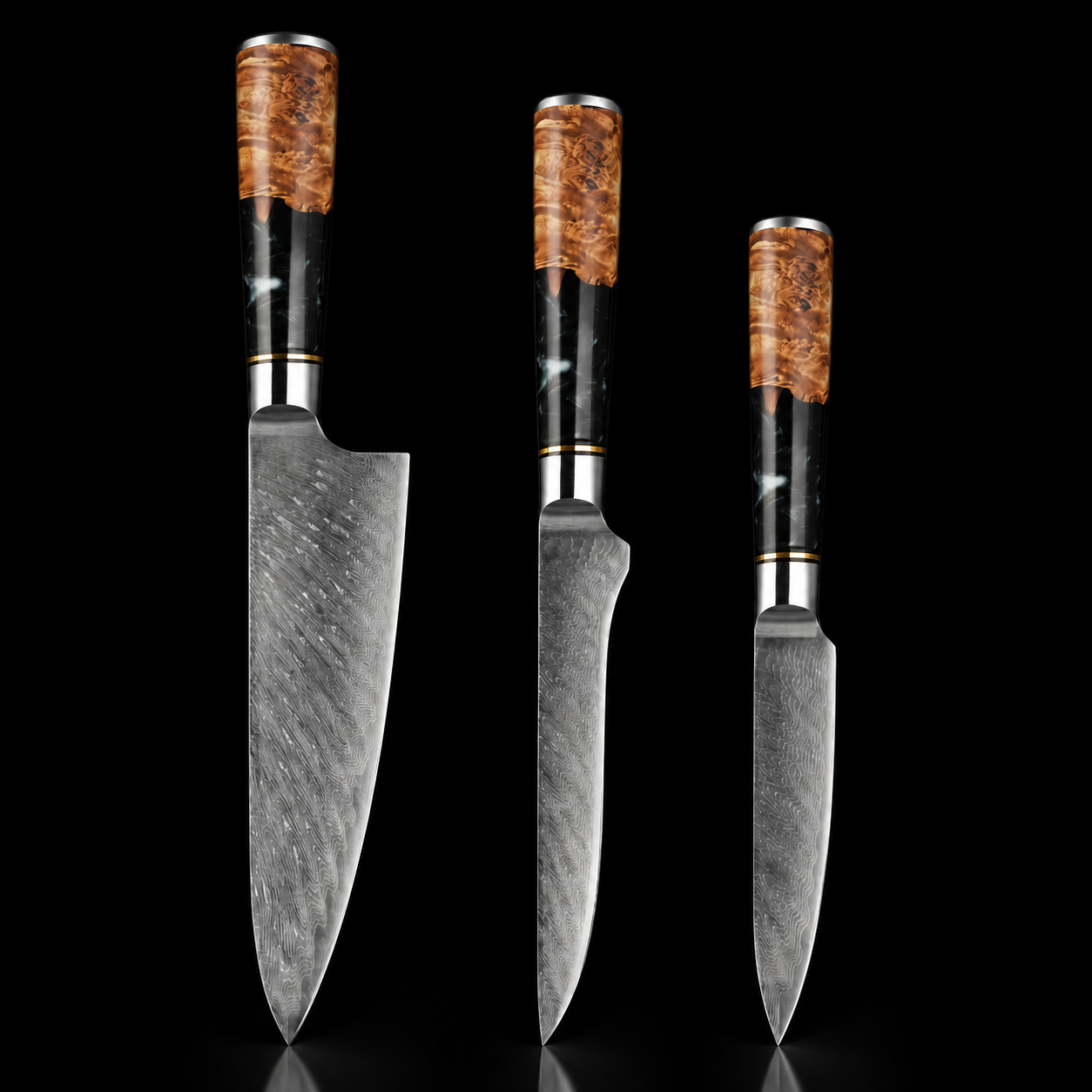 67-Layer VG10 Damascus Steel 3-Piece Knife Set – Obsidian Black