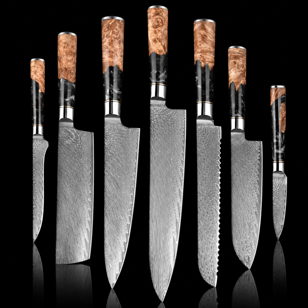 67-Layer VG10 Japanese Damascus Steel 7-Piece Knife Set – Black Resin Handle