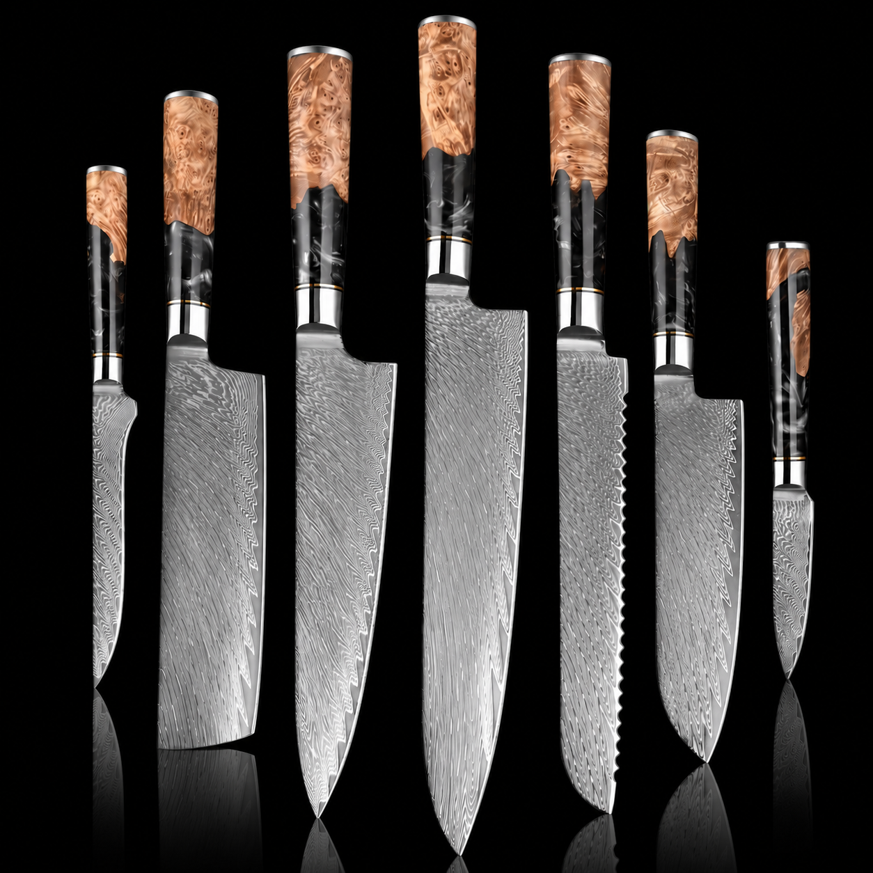 67-Layer VG10 Japanese Damascus Steel 7-Piece Knife Set – Black Resin Handle