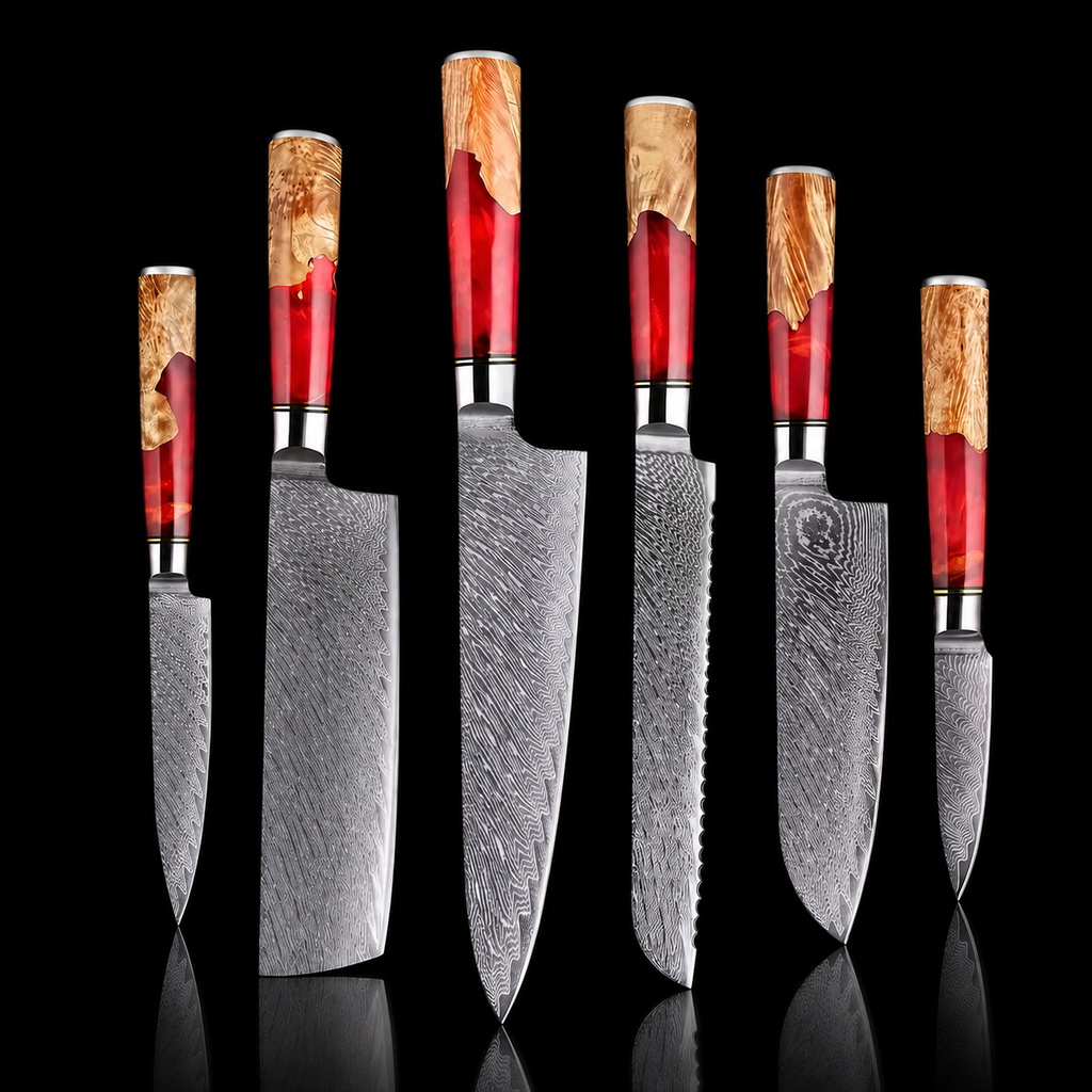 67-Layer VG10 Japanese Damascus Steel 6-Piece Knife Set – Red Resin Handle