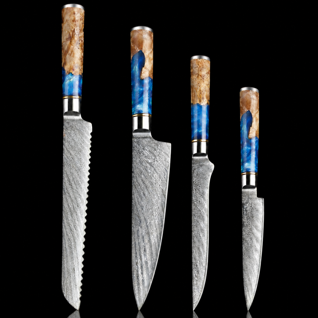 67-Layer VG10 Japanese Damascus Steel 4-Piece Knife Set – Blue Resin Handle
