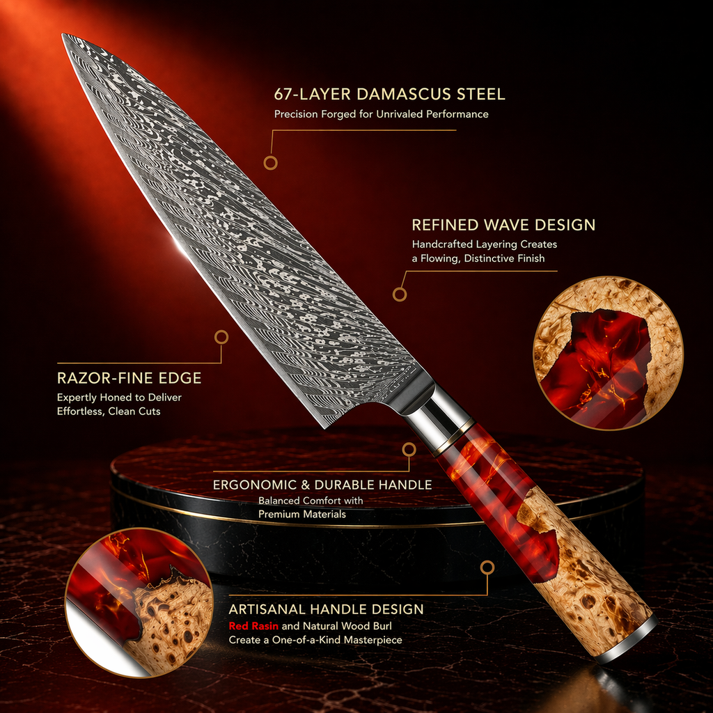 67-Layer VG10 Japanese Damascus Steel 3-Piece Knife Set – Red Resin Handle