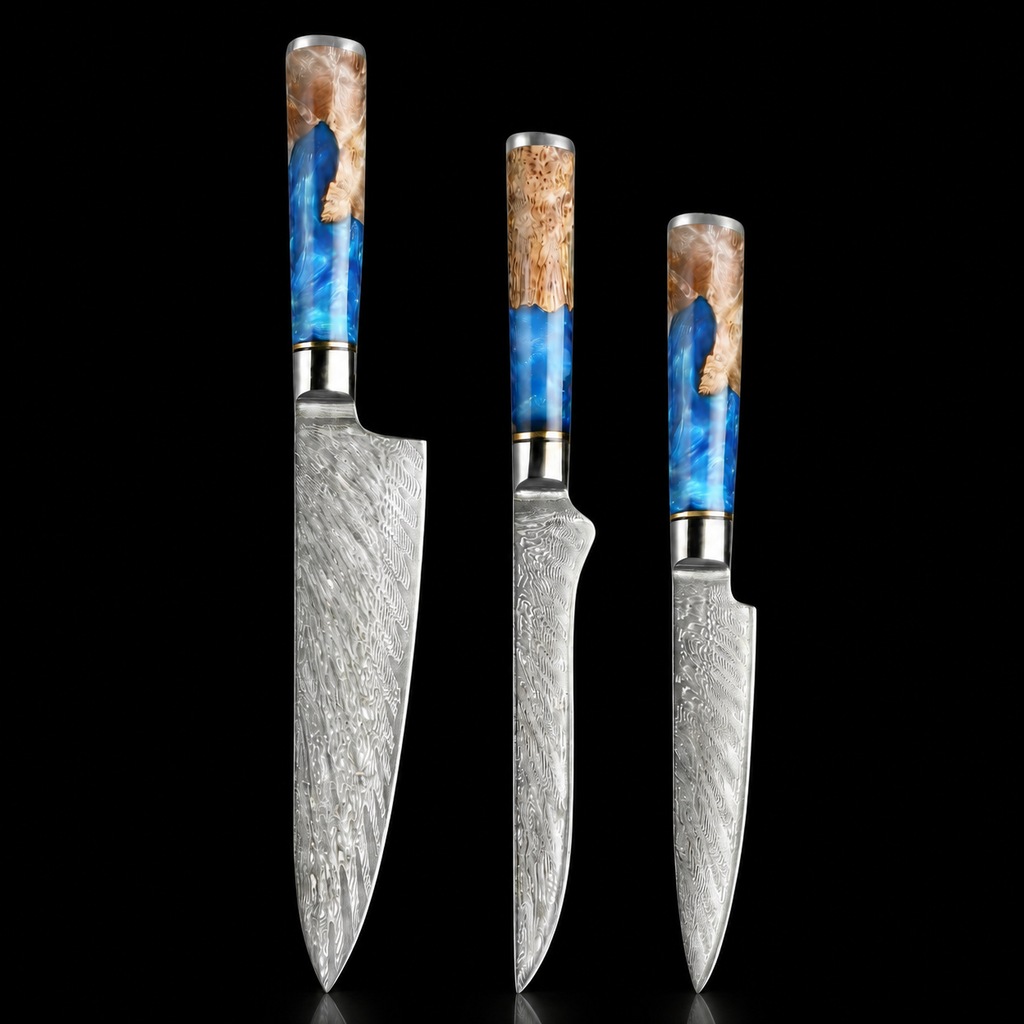 67-Layer VG10 Japanese Damascus Steel 3-Piece Knife Set – Blue Resin Handle