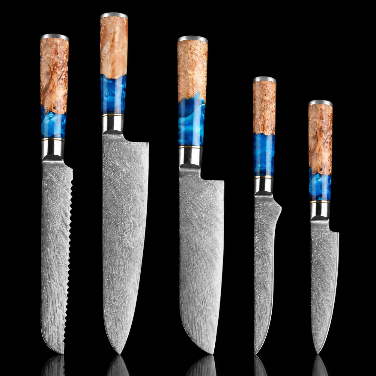 67-Layer VG10 Japanese Damascus Steel 5-Piece Knife Set – Blue Resin Handle