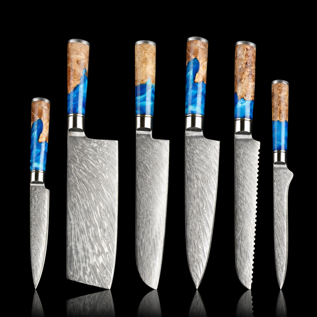 67-Layer VG10 Japanese Damascus Steel 6-Piece Knife Set – Blue Resin Handle