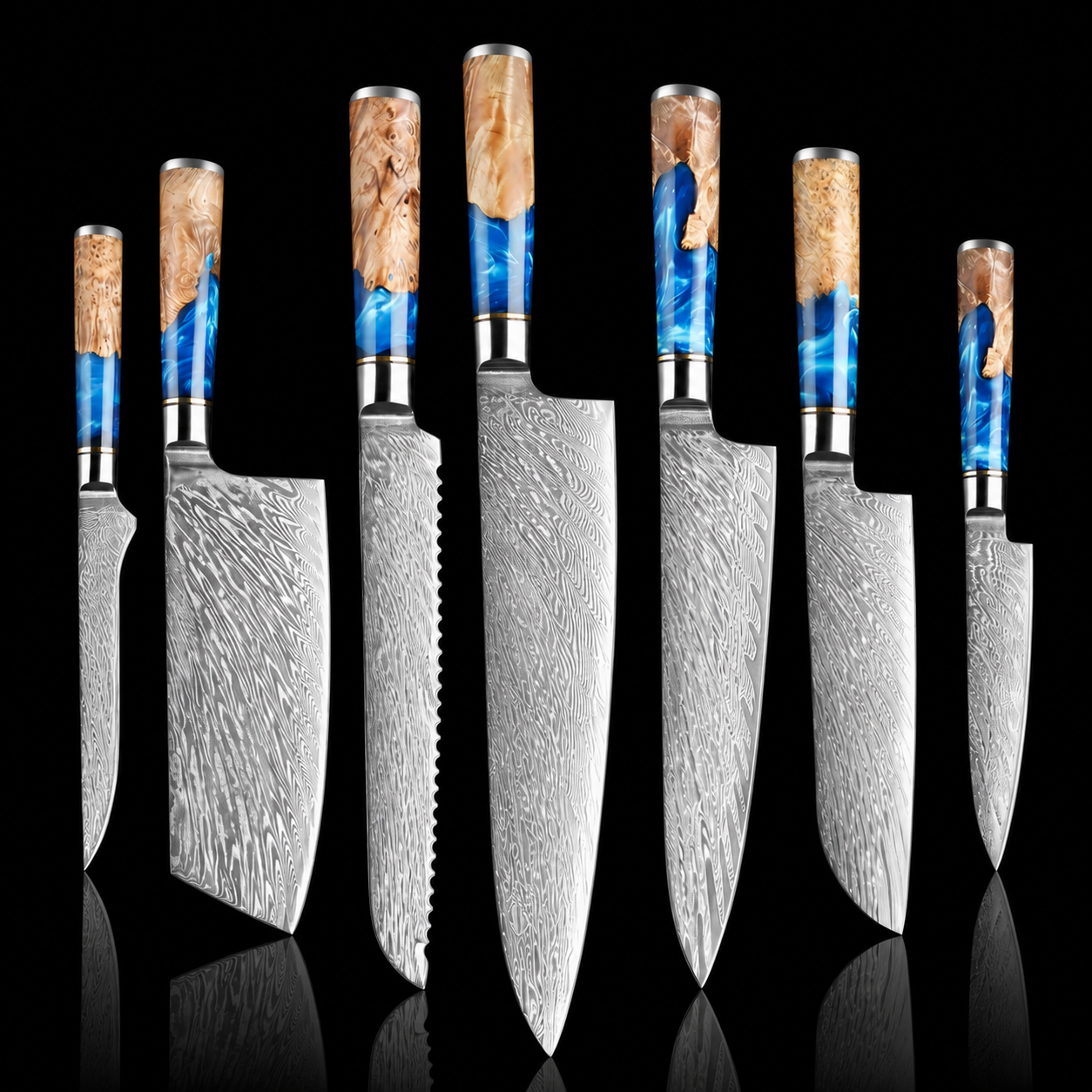 67-Layer VG10 Japanese Damascus Steel 7-Piece Knife Set – Blue Resin Handle