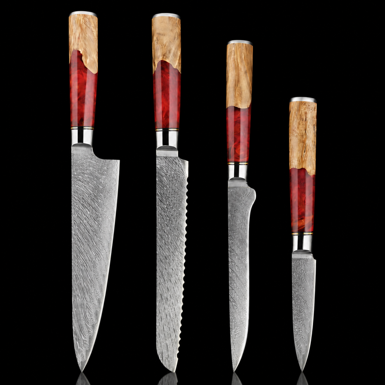 67-Layer VG10 Japanese Damascus Steel 4-Piece Knife Set – Red Resin Handle
