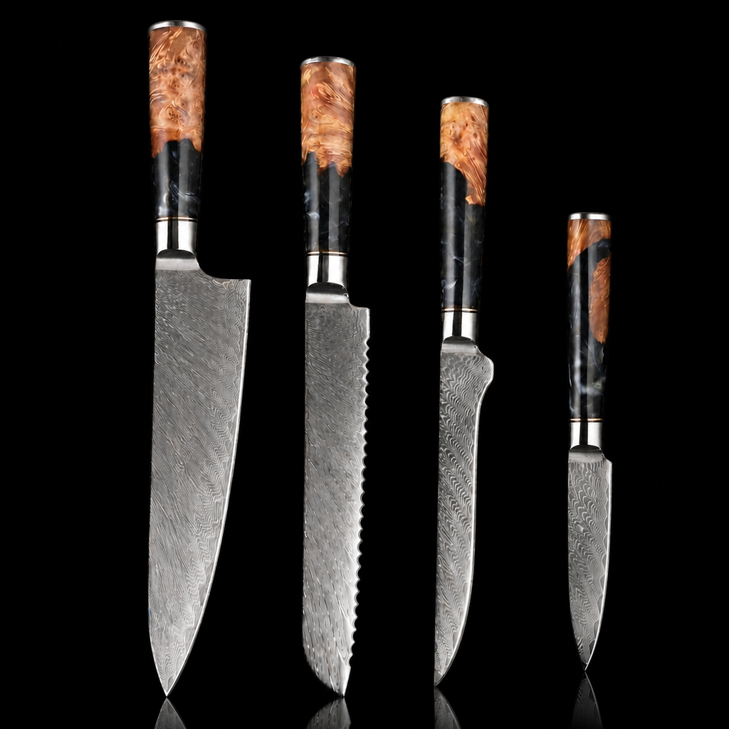 67-Layer VG10 Japanese Damascus Steel 4-Piece Knife Set – Black Resin Handle