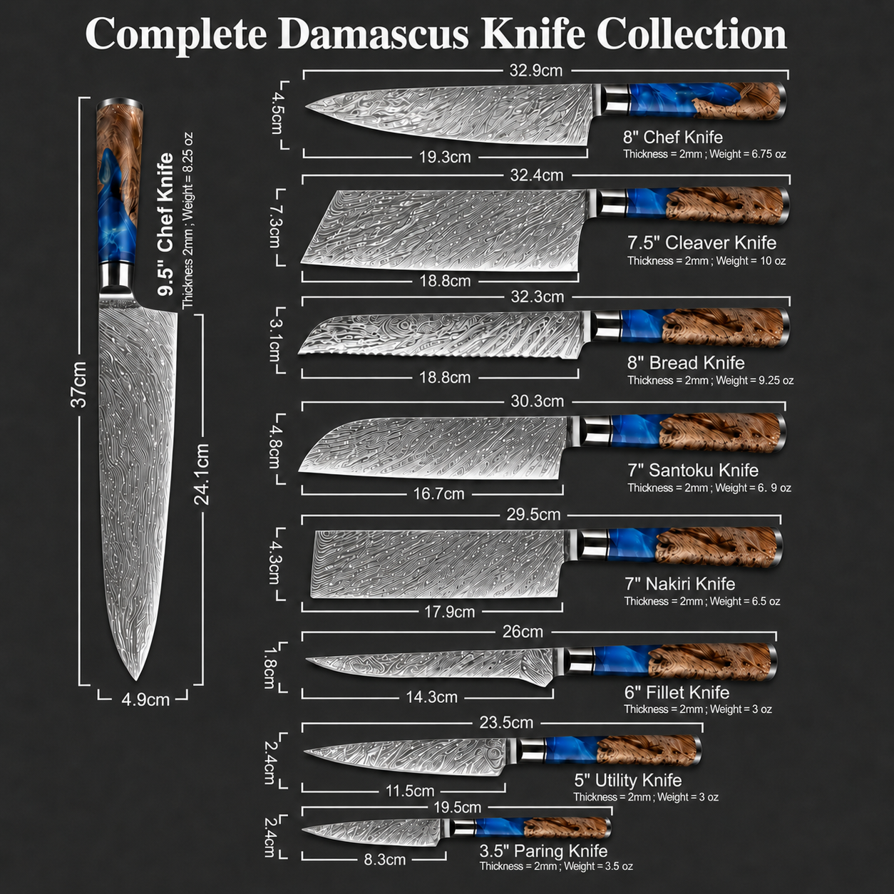 67-Layer VG10 Japanese Damascus Steel 3-Piece Knife Set – Blue Resin Handle