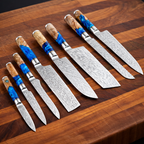 67-Layer VG10 Japanese Damascus Steel 8-Piece Knife Set – Blue Resin Handle