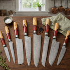 67-Layer VG10 Japanese Damascus Steel 8-Piece Knife Set – Red Resin Handle