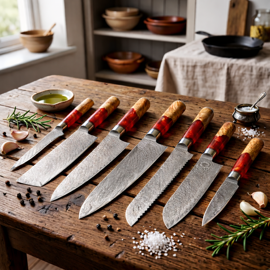 67-Layer VG10 Japanese Damascus Steel 7-Piece Knife Set – Red Resin Handle
