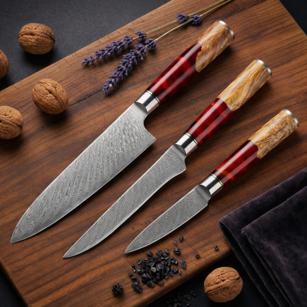 67-Layer Damascus Steel 3-Piece Knife Set – Red Resin Handle (Chef, Fillet, Paring)