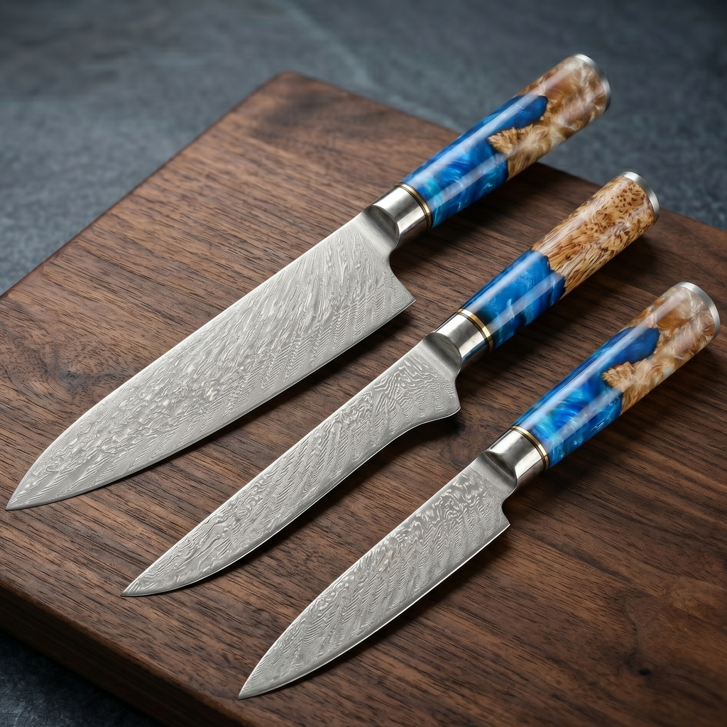 67-Layer VG10 Japanese Damascus Steel 3-Piece Knife Set – Blue Resin Handle
