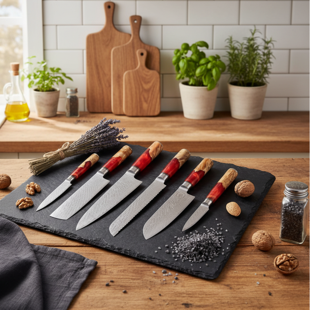67-Layer VG10 Japanese Damascus Steel 6-Piece Knife Set – Red Resin Handle