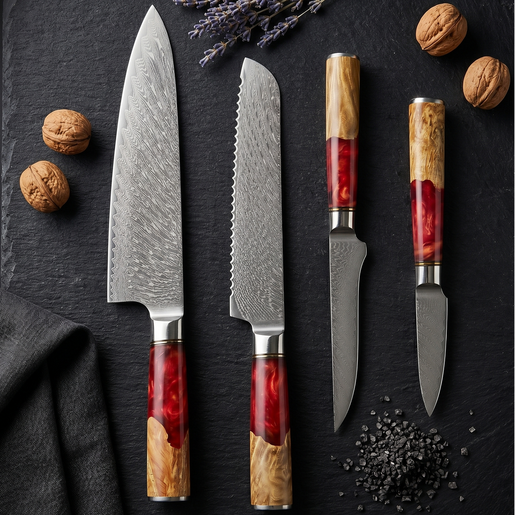 67-Layer VG10 Japanese Damascus Steel 4-Piece Knife Set – Red Resin Handle
