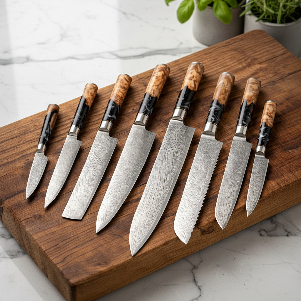67-Layer VG10 Japanese Damascus Steel 8-Piece Knife Set – Black Resin Handle