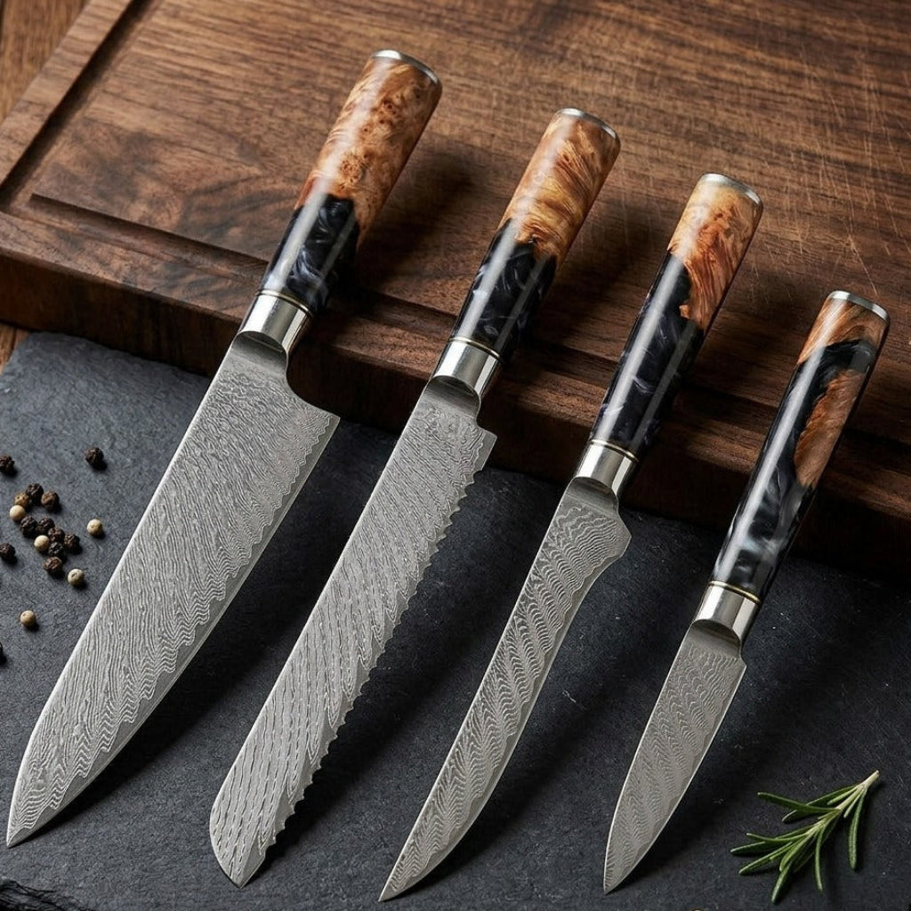 67-Layer VG10 Japanese Damascus Steel 4-Piece Knife Set – Black Resin Handle